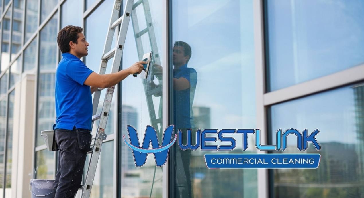 High-rise window cleaners using rope access and water-fed poles to clean tall glass buildings safely and efficiently.