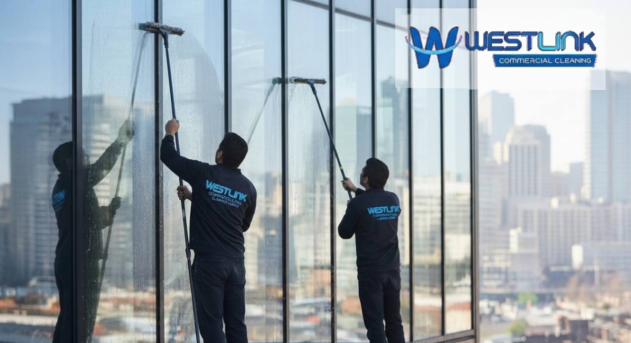 Commercial window cleaners cleaning large tempered glass windows of a high-rise building with company logo visible on uniforms.