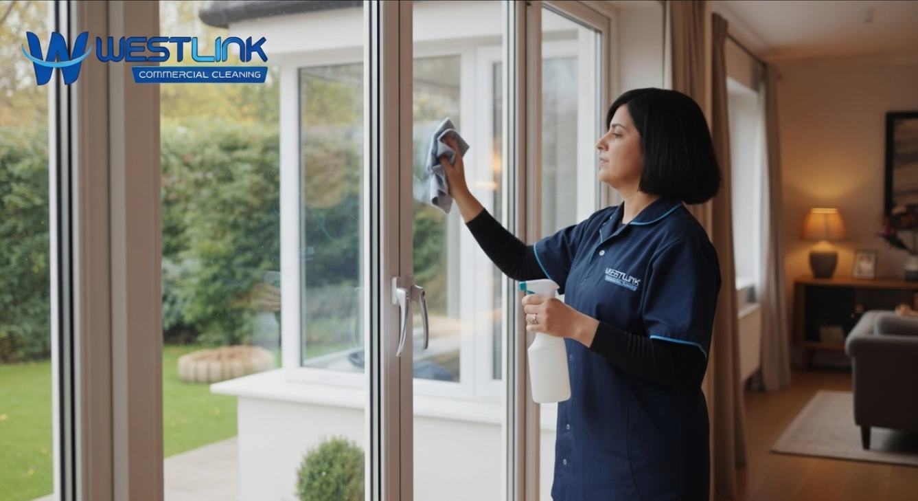 Commercial cleaner wiping double-glazed windows in a modern residential home with logo-branded uniform and visible company logo.