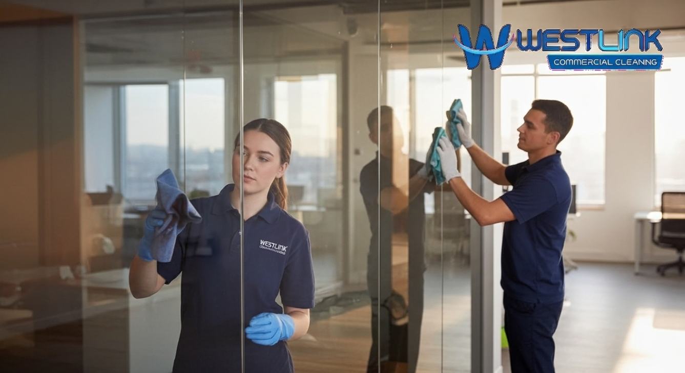 Commercial cleaners wiping tinted glass panels in a modern office with branded uniforms and company logo visible.
