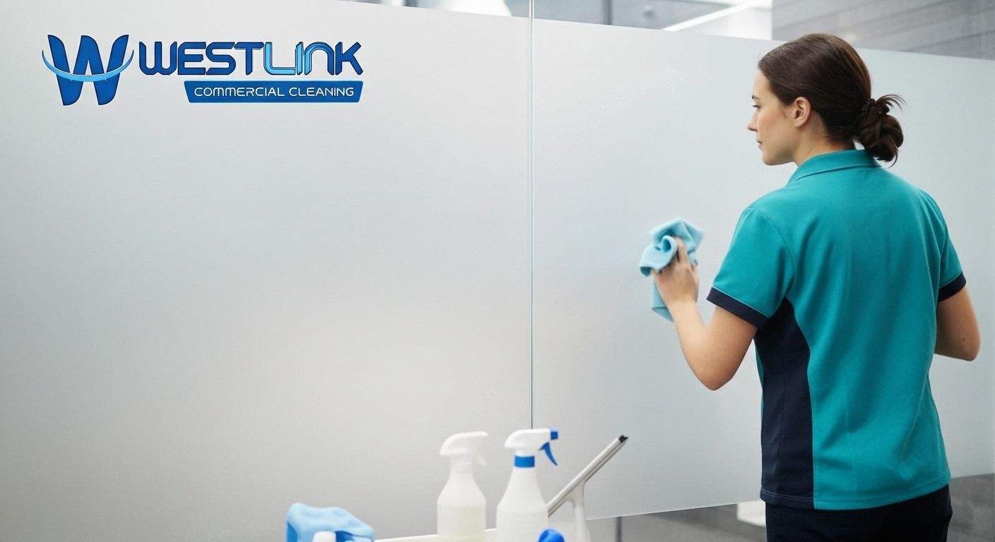 Commercial cleaner wiping frosted glass partitions