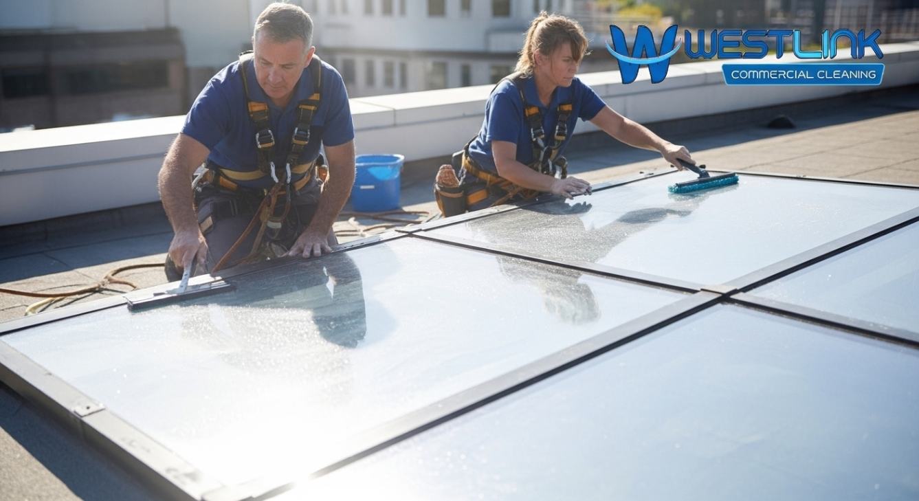 Commercial window cleaning professionals cleaning skylight glass panels using safety harnesses