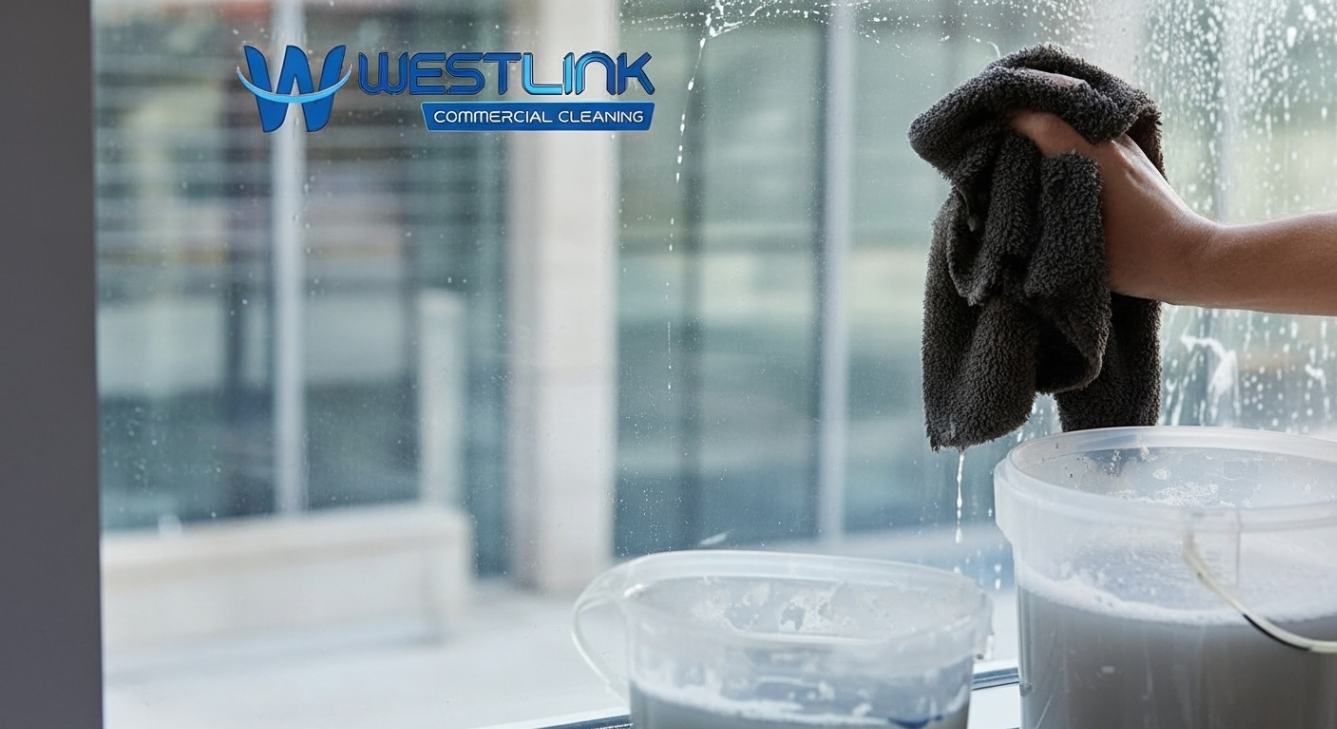 Cleaner using dirty cloth and reused water on commercial glass, leaving streaks and grime.