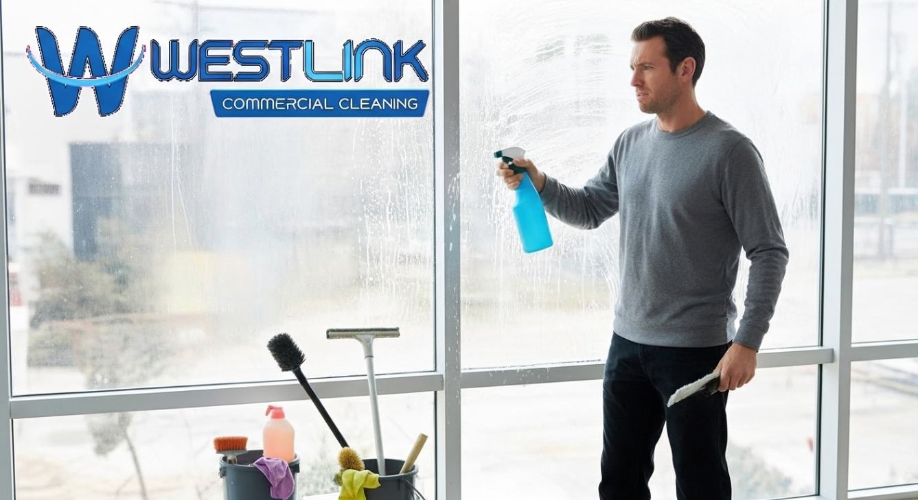 Commercial window cleaner applying excess detergent, leaving soap residue on glass.