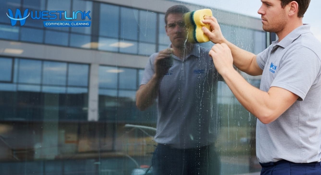 Professional cleaner scrubbing commercial window too aggressively, causing scratches on glass.