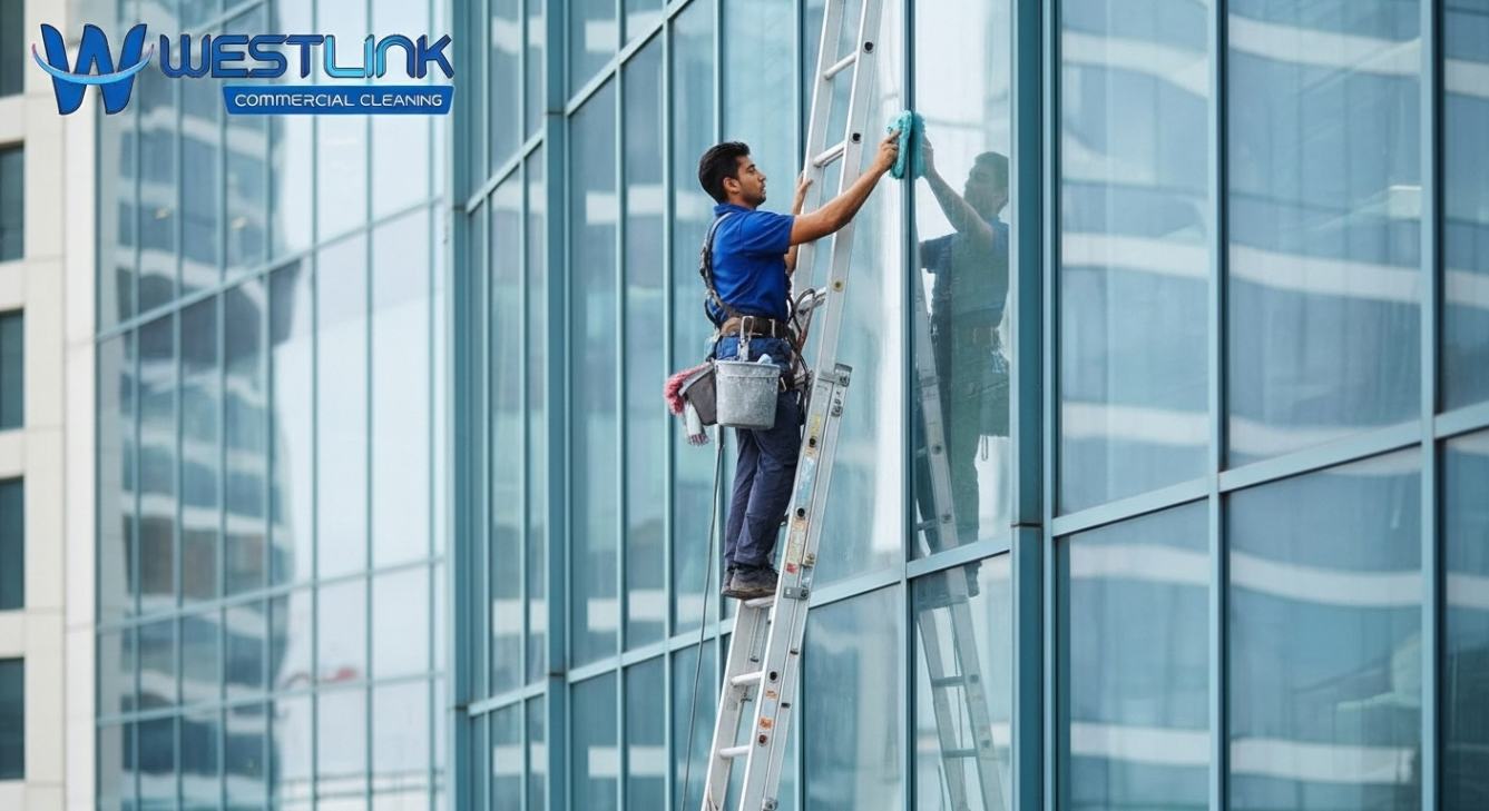 Cleaner working on a high-rise commercial building without proper safety gear.