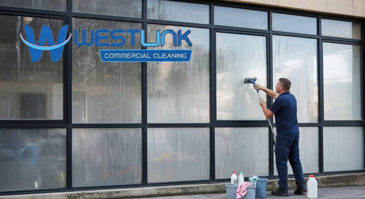 Dirty and neglected commercial windows being cleaned after long periods without maintenance.