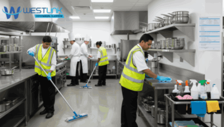 Professional commercial kitchen with staff following a cleaning schedule, showing organized and hygienic surfaces, cleaning supplies, and checklists
