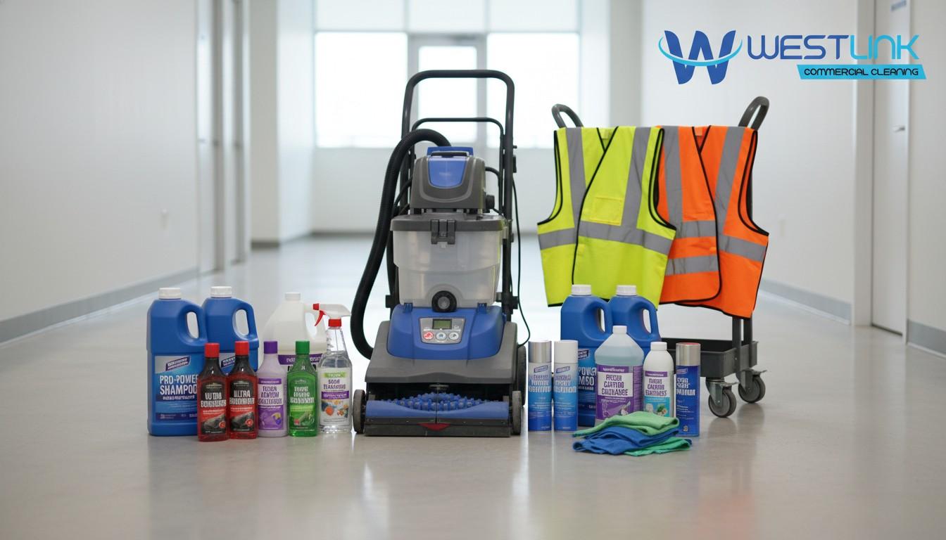 Assorted residential and commercial carpet cleaning products arranged beside professional equipment.