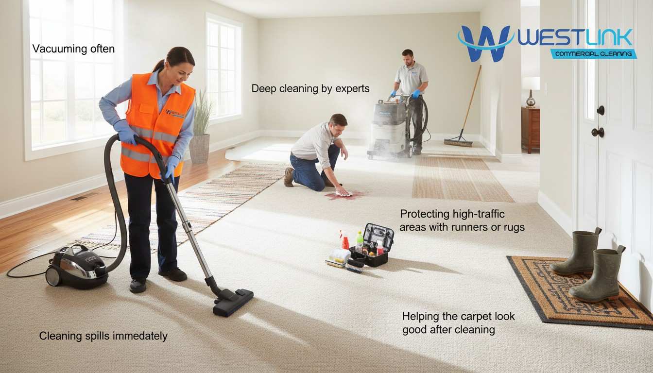 Visual representation of carpet care tips including vacuuming, protecting high-traffic areas, cleaning spills, and professional deep cleaning.