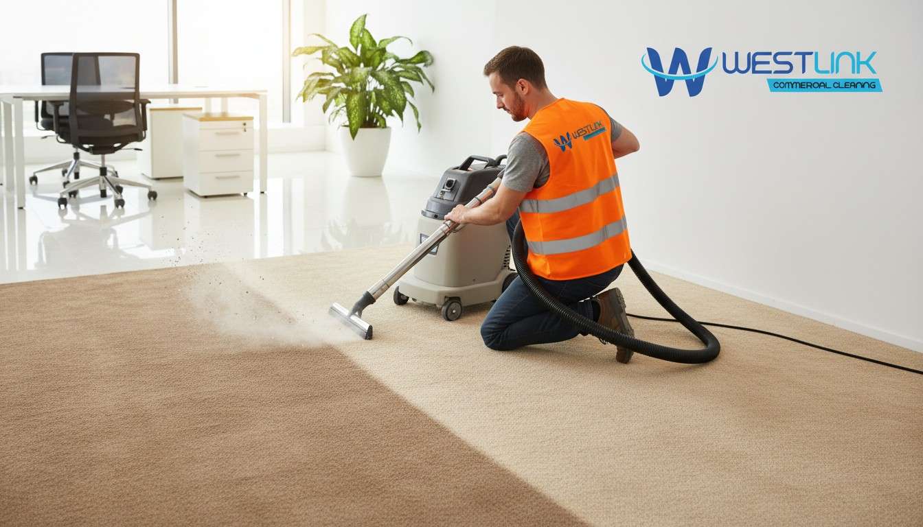 Westlink Commercial Professional cleaner removing dirt and allergens from a carpet.