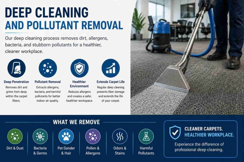 Infographic showing deep commercial carpet cleaning and removal of dirt, allergens, bacteria, odors, and pollutants.