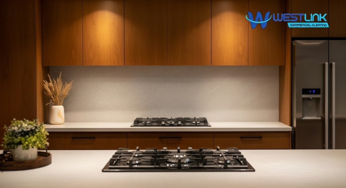 Modern kitchen with wooden cabinetry, a gas cooktop on a white countertop, and a stainless steel refrigerator.