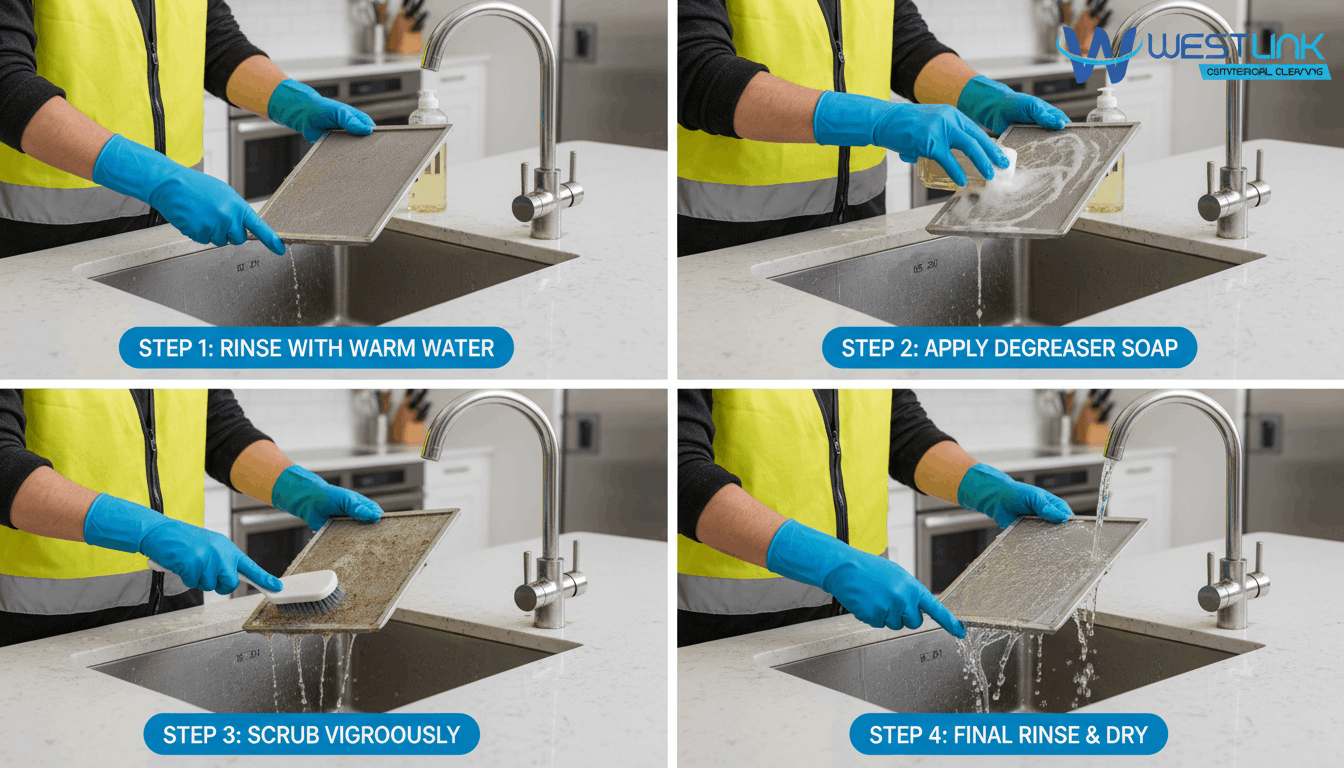 Kitchen hood filter soaking in soapy water with scrubbing brush in a sink.
