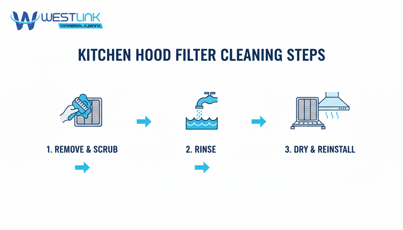Minimalist infographic showing steps to clean a kitchen hood filter.