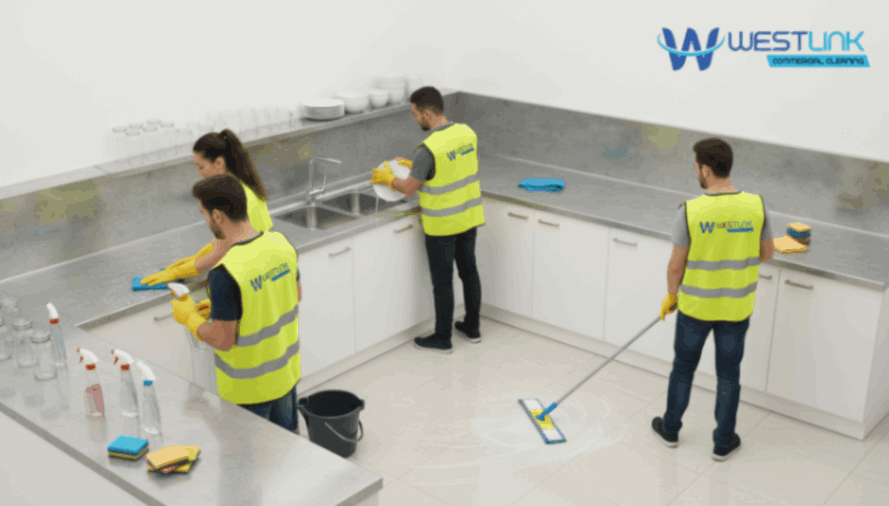 A team of four cleaners wearing yellow safety vests cleaning a modern white kitchen with gray countertops. One person mops the floor while others clean surfaces and sinks.