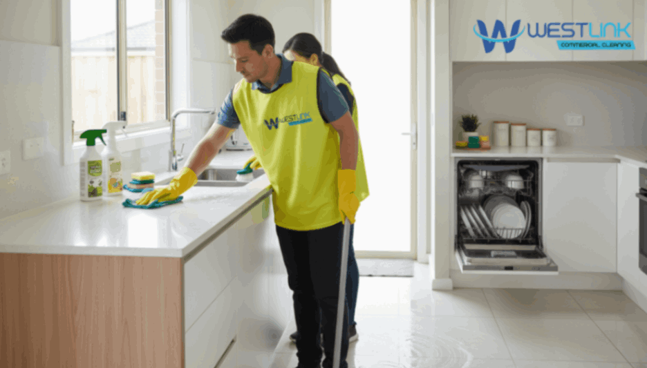 Two professional cleaners wearing yellow Westlink Commercial Cleaning vests clean a bright modern kitchen, wiping countertops and mopping the floor.