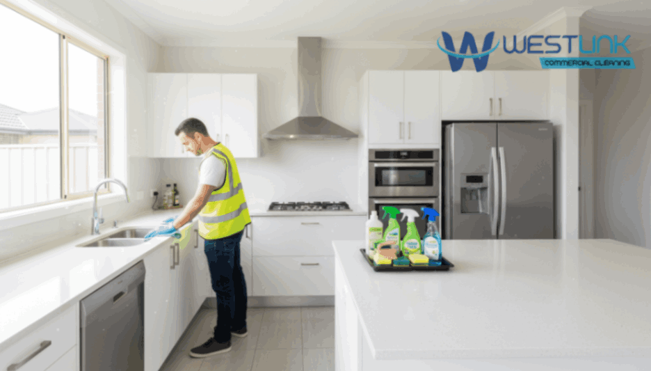 Person cleaning the sink in a modern kitchen with cleaning supplies on the countertop.