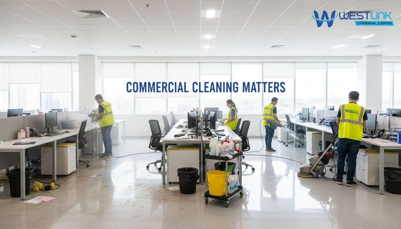 Professional cleaners maintaining a commercial space, emphasizing why commercial cleaning matters.
