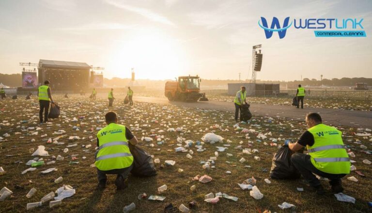 Outdoor festival post-event cleaning with workers collecting litter.