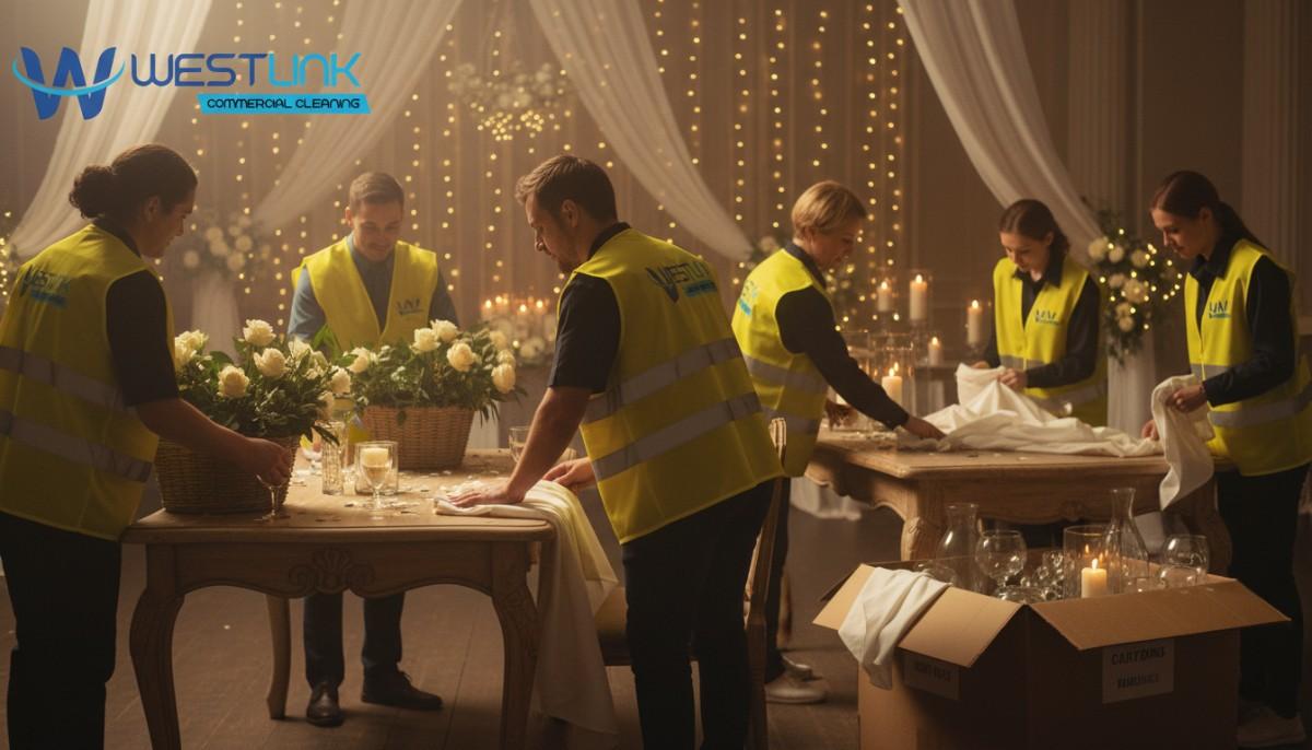 Cleaning staff resetting a wedding venue; logo in top left.