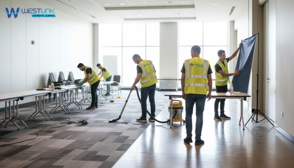 leaners tidying a corporate hall after an event.