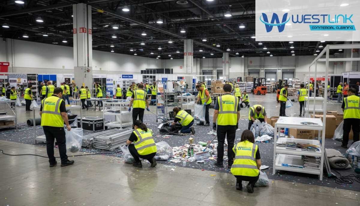 Post-trade-show cleaning in a large exhibition hall