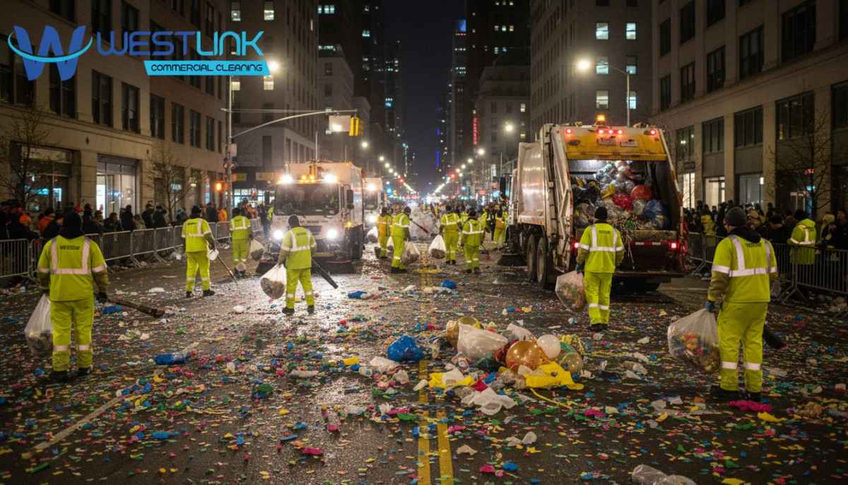 Night street cleaning after a parade; logo in top left.