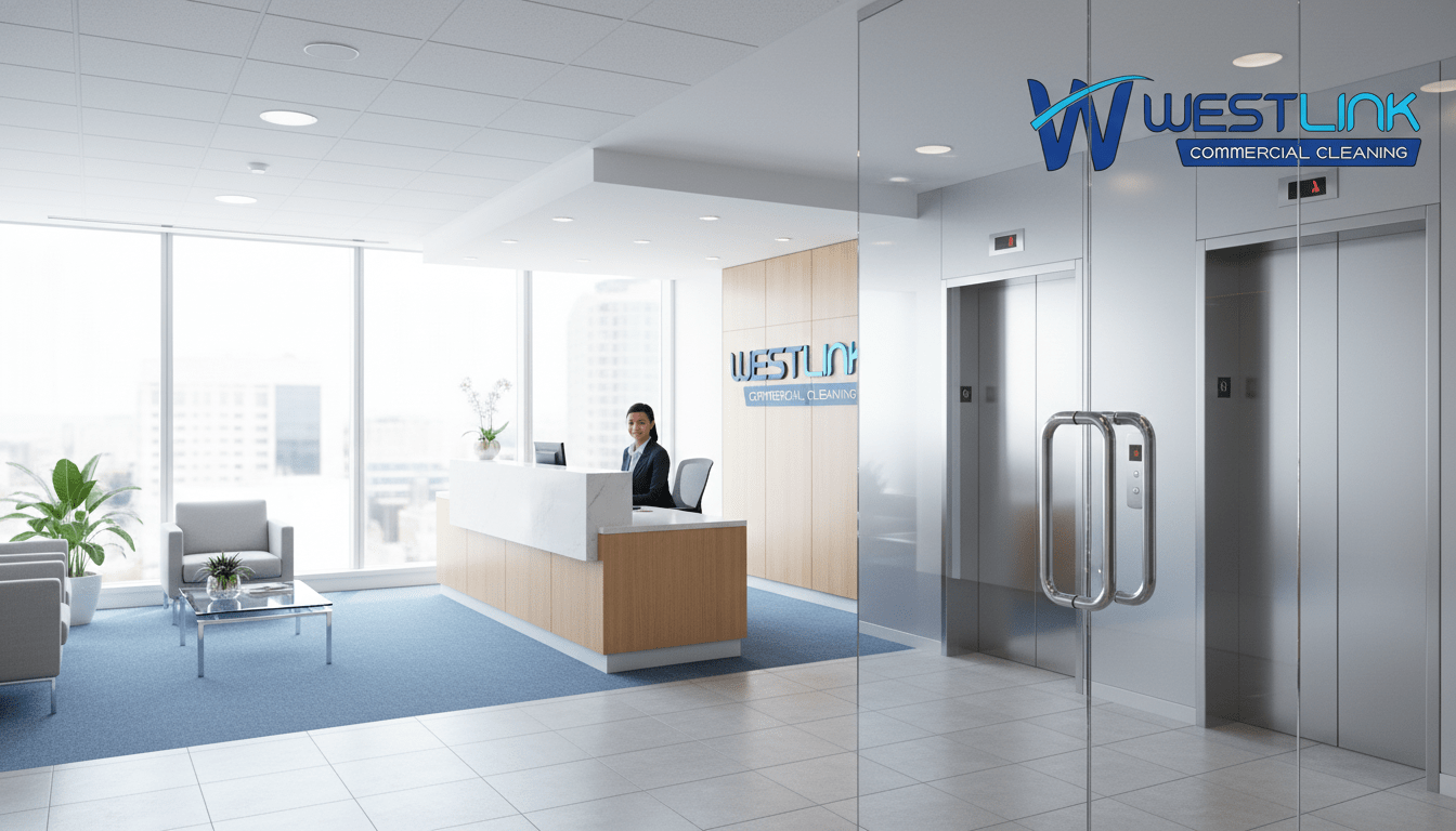 Corporate Commercial office lobby with reception desk, seating, and high-touch surfaces like elevator buttons and counters.