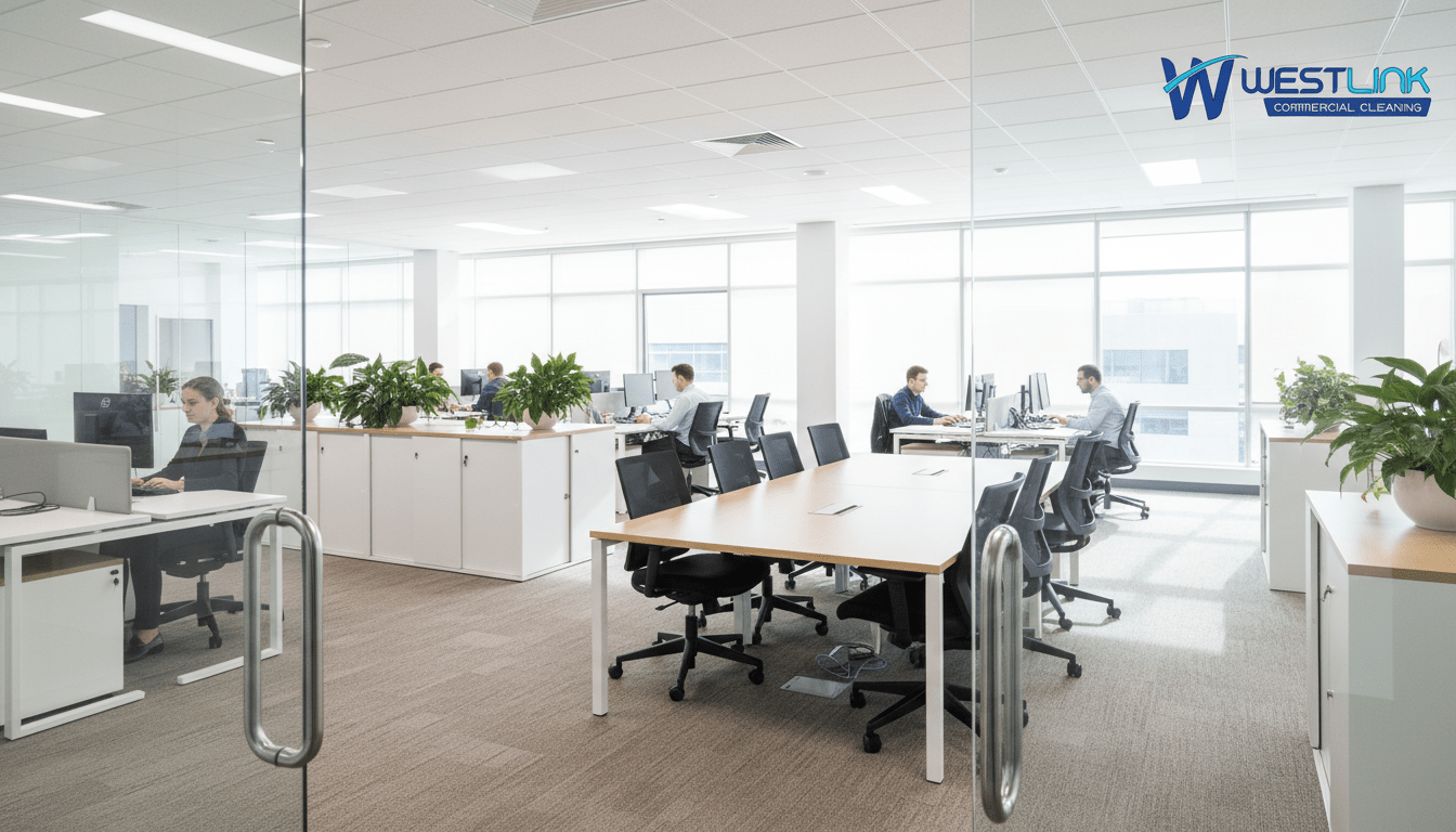Modern commercial open-plan office with desks, employees, and high-touch surfaces like keyboards and conference tables.