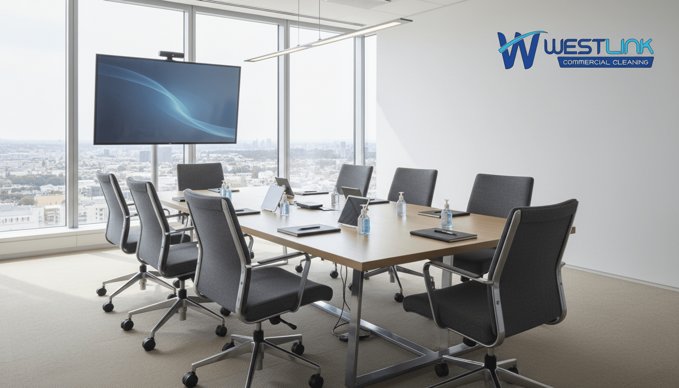 Commercial office conference room with table, chairs, pens, and digital devices highlighting high-touch areas.