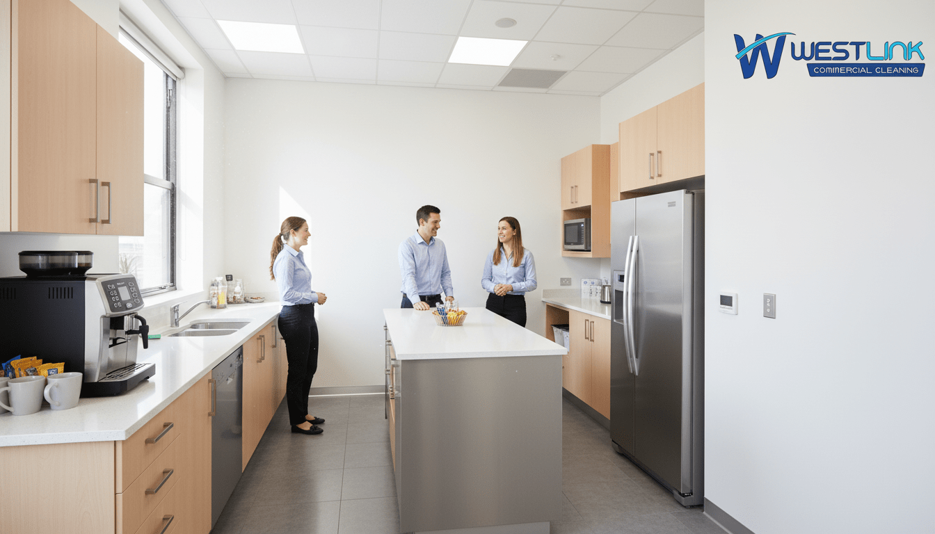 Office break room with coffee machine, fridge, microwave, and high-touch surfaces used by employees.