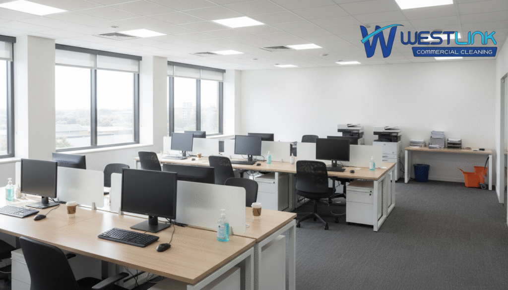 Commercial shared workspace with hot desks, keyboards, mice, and communal printers as commercial office high-touch surfaces.