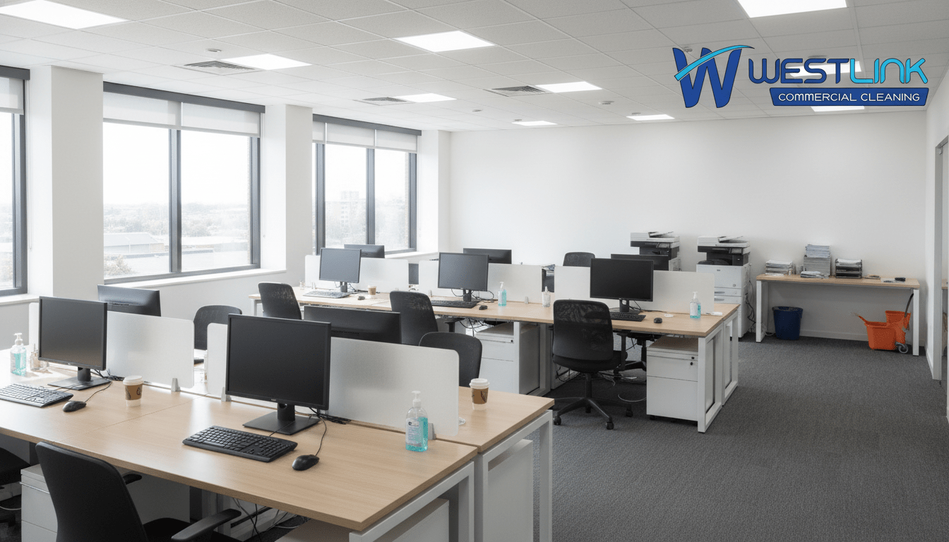 Commercial shared workspace with hot desks, keyboards, mice, and communal printers as commercial office high-touch surfaces.
