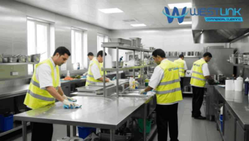 Chefs cleaning large countertops in a busy commercial kitchen with food preparation in the background