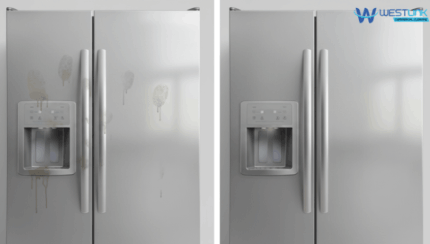 Stainless steel fridge before and after cleaning by Westlink Commercial Kitchen Cleaners.