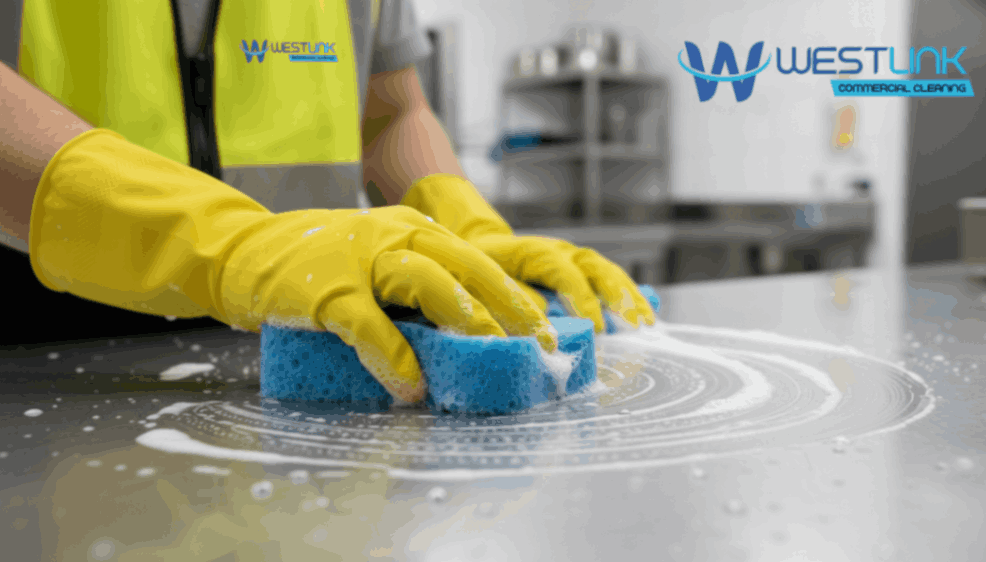 Hands wearing gloves scrubbing a commercial kitchen countertop with a sponge and cleaning solution.