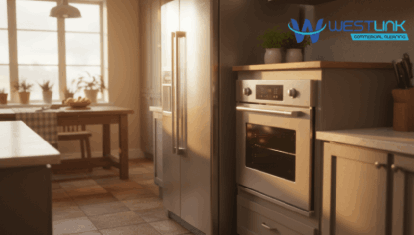 Warm cozy kitchen with sparkling stainless steel appliances