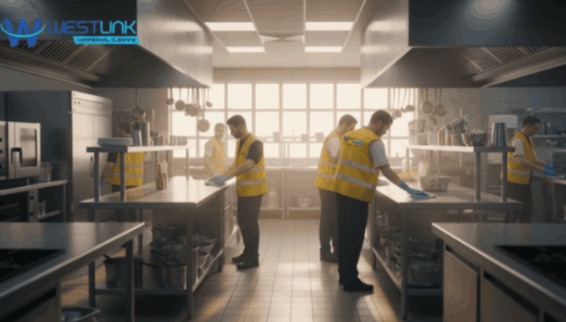 Wide-angle view of chefs cleaning large countertops in a professional commercial kitchen.