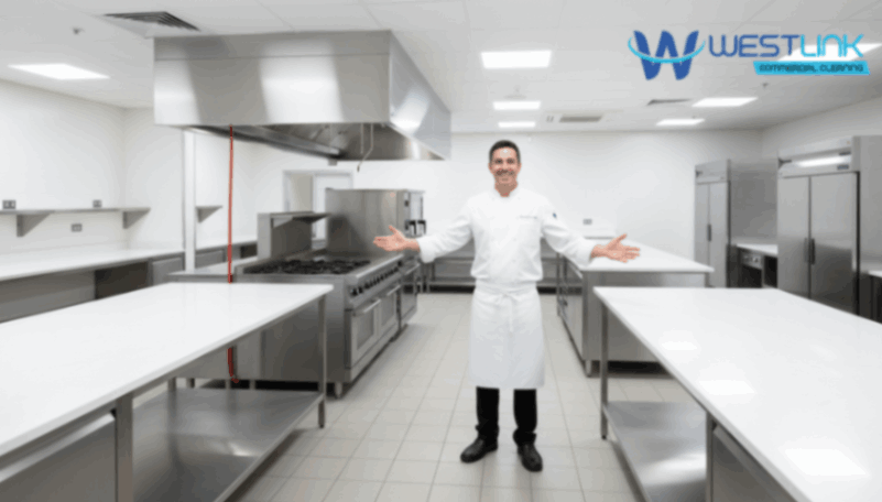 Spotless commercial kitchen after deep cleaning.