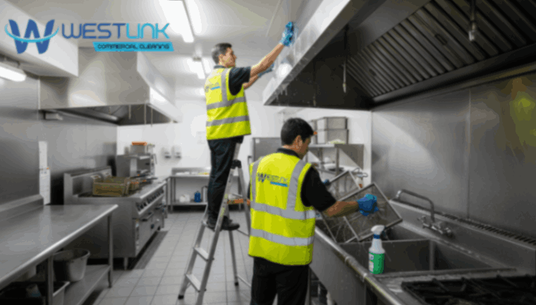 Kitchen staff cleaning ventilation hood in commercial kitchen.