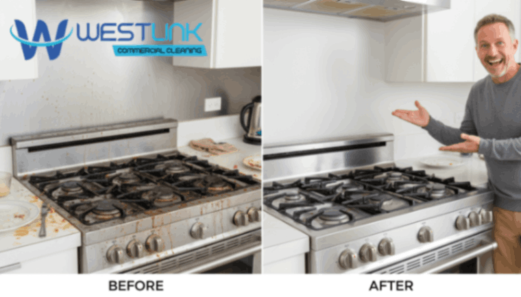 Before and after commercial kitchen deep cleaning comparison.