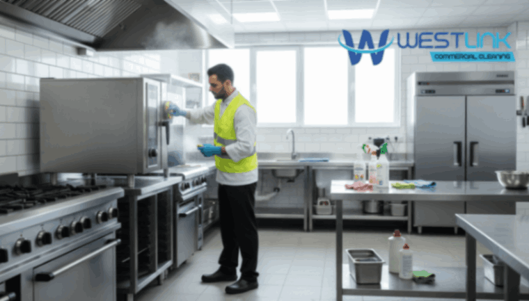 Chef deep cleaning commercial kitchen oven and refrigerator.