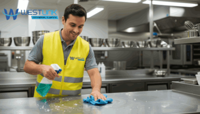 Professional chef cleaning stainless steel commercial kitchen countertops with microfiber cloth.