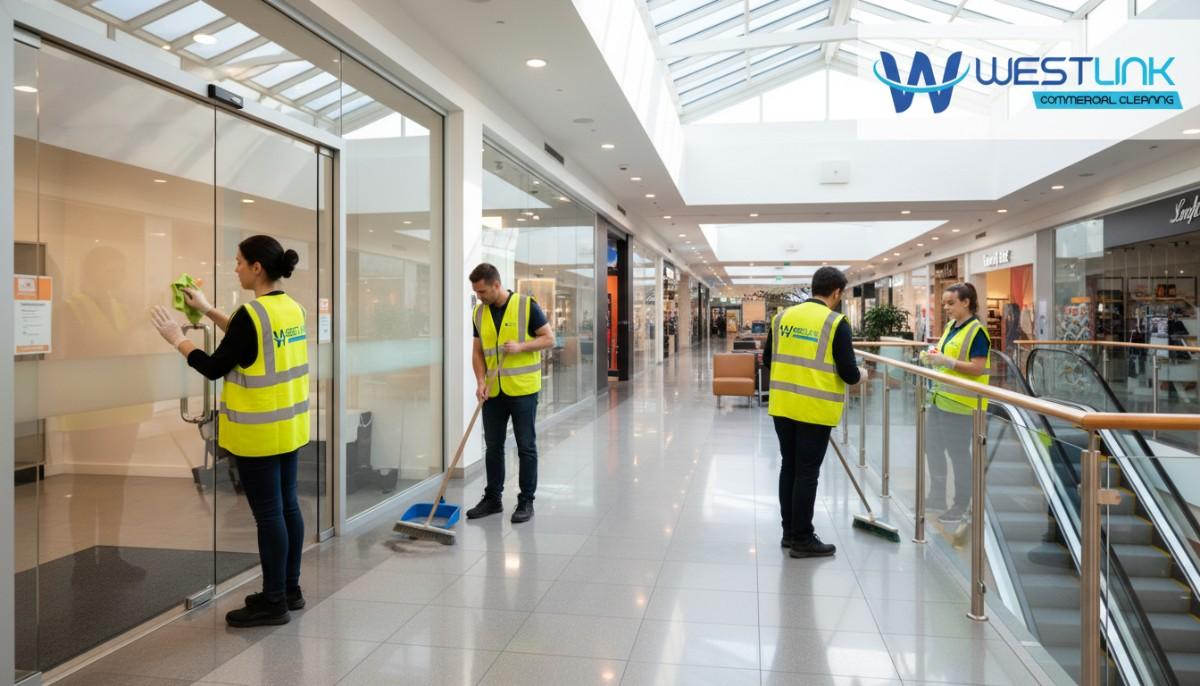 Westlink Commercial Cleaners maintaining a modern shopping mall entrance with logo on top-right