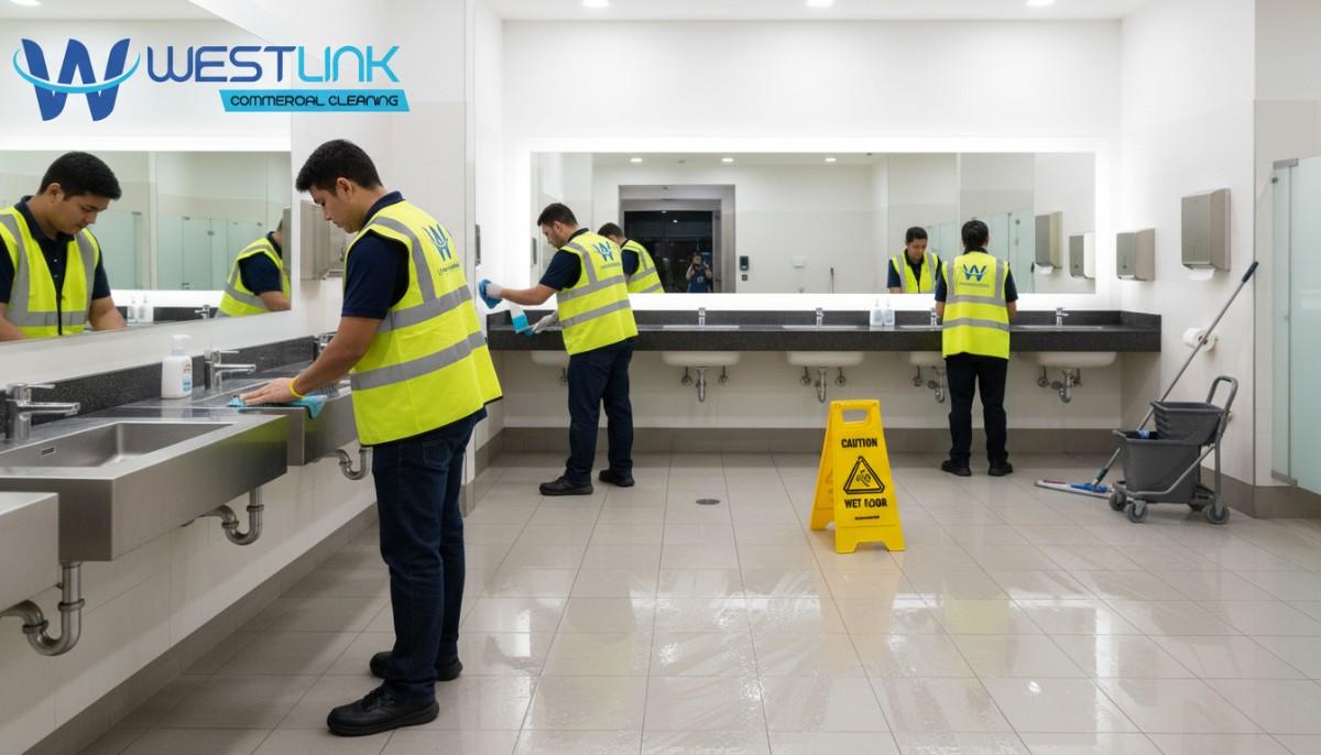 Janitorial staff deep-cleaning a mall restroom