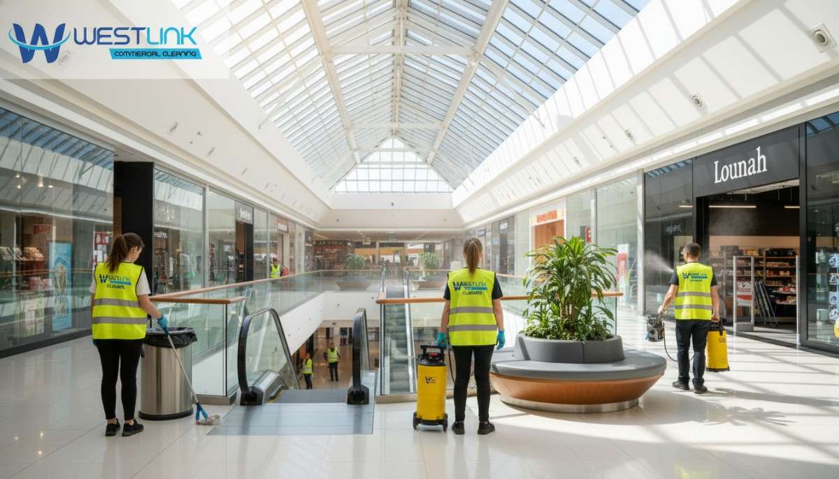 Cleaners patrolling and sanitizing different areas of a shopping mall