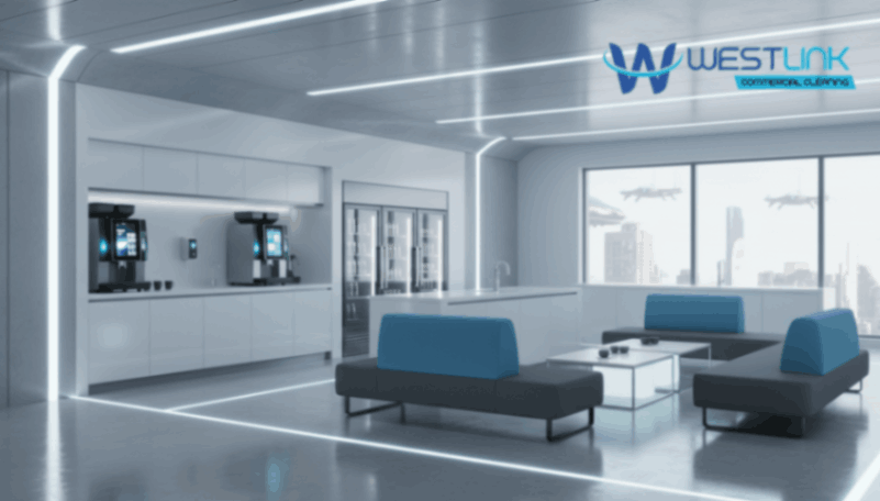 High-tech office break room with smart coffee machines and LED lighting.