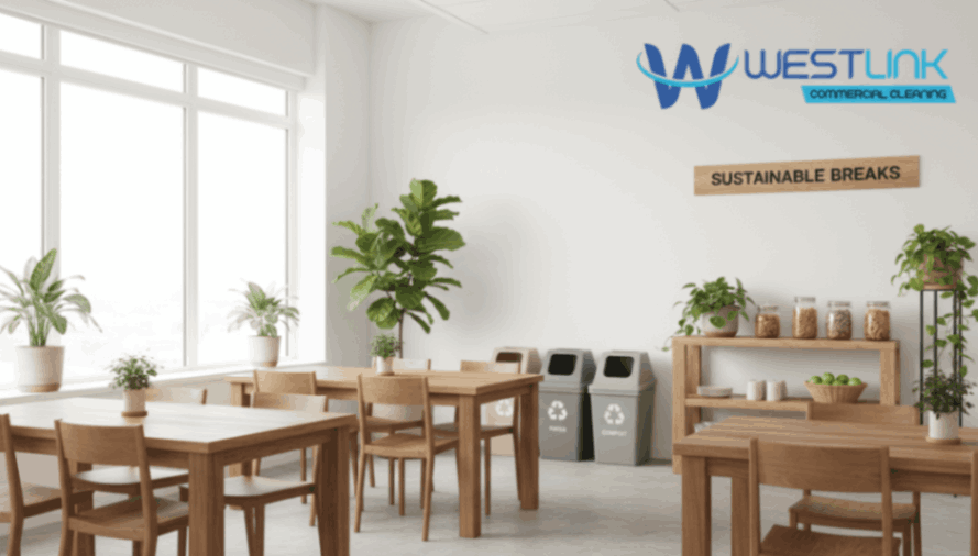 Eco-friendly office break room with plants, wooden furniture, and natural light.