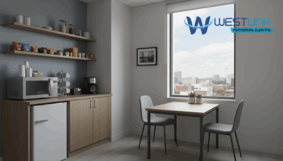 Compact city office break room with coffee station, small fridge and modern décor.